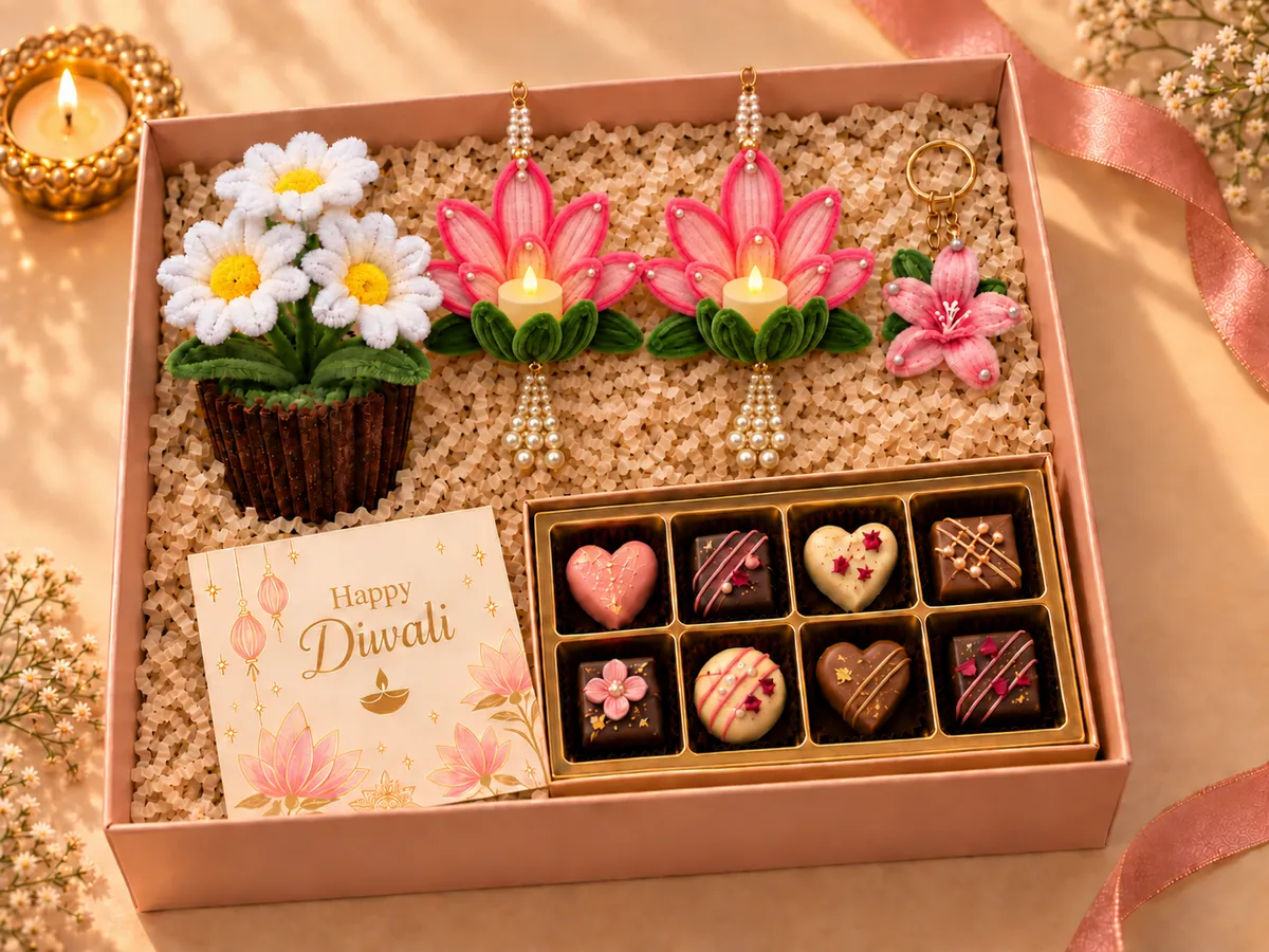 The Glow hamper: two lotus tea-light hangings, a daisy pot, a lily keyring, eight chocolates and a Diwali card