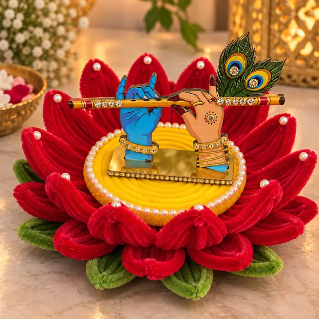 A red lotus aasan with a flute and peacock feather