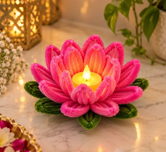 A pink lotus tea-light holder, lit