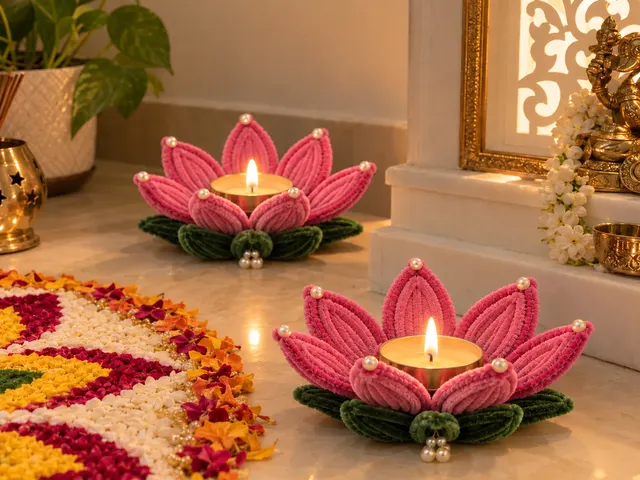 Two pink lotus tea-light holders, lit