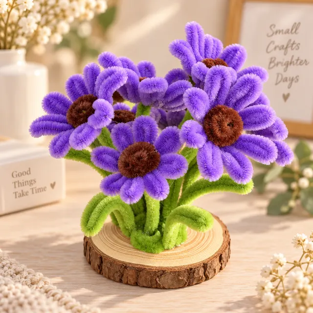 Purple daisies on a wooden base