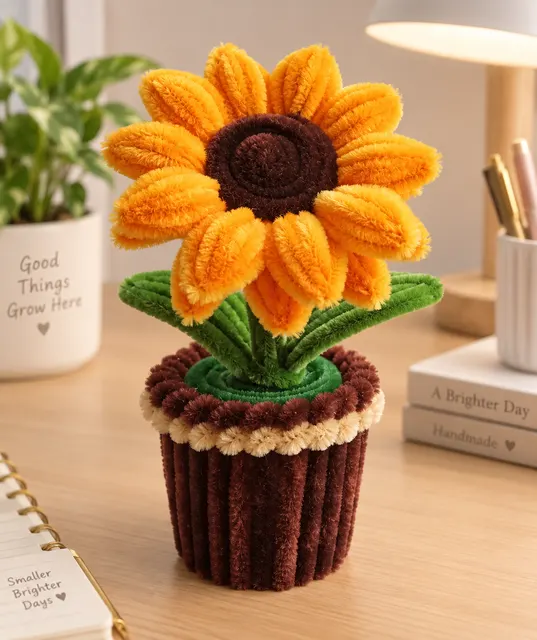 A single sunflower in a pot