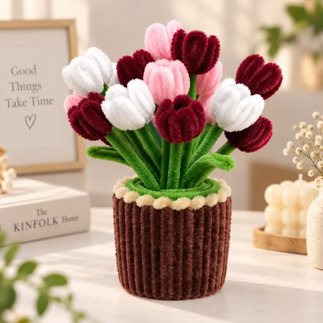 A pot of tulips in wine, white and pink
